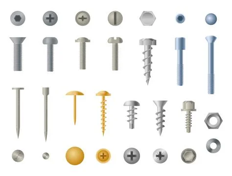 Hardware screw, bolt, nut nail. Metal hook and drill, steel and gold colored Ilustración de archivo