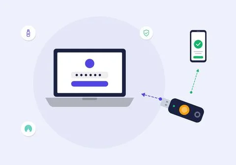 Hardware security key authentication concept with laptop login screen, USB Stock Illustration