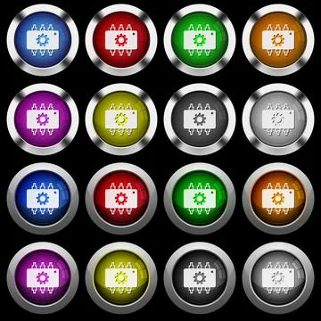 Hardware settings white icons in round glossy buttons on black background Illustrazione stock