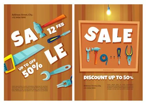 Hardware shop posters with construction tools sale Stock Illustration