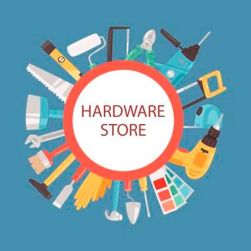 Hardware store banner vector illustration. Building tools in shop. Home repair Stock Illustration