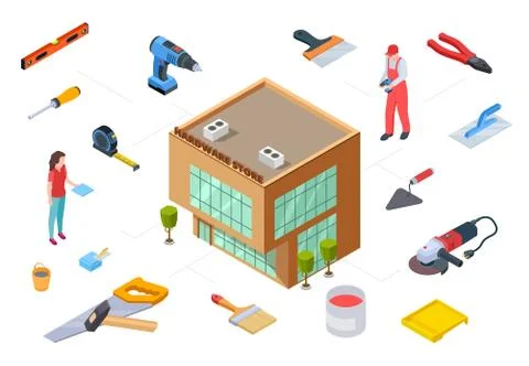 Hardware store concept. Construction supplies isometric collection. Vector 3D Stock Illustration