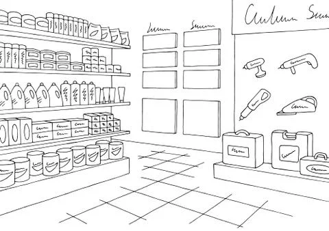Hardware store graphic black white interior sketch illustration vector Stock Illustration