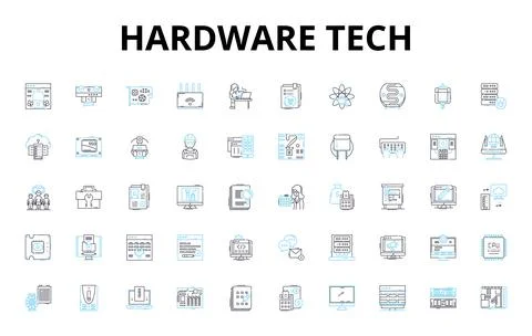 Hardware tech linear icons set. Processor, Motherboard, Graphics, Display Stock Illustration