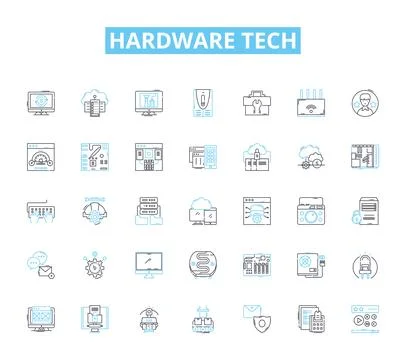 Hardware tech linear icons set. Processor, Motherboard, Graphics, Display Stock Illustration