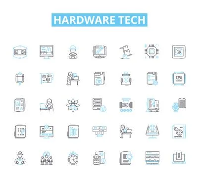 Hardware tech linear icons set. Processor, Motherboard, Graphics, Display Stock Illustration