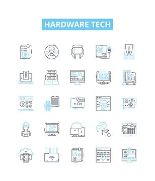 Hardware tech vector line icons set. Hardware, Technology, Devices, Components Stock Illustration