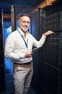 Hardware, technician and portrait with tablet in server room for rack inspe.. Stock Photos