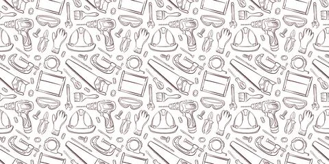 Hardware tool seamless pattern in line art style. Toolbox background for Illustrazione stock