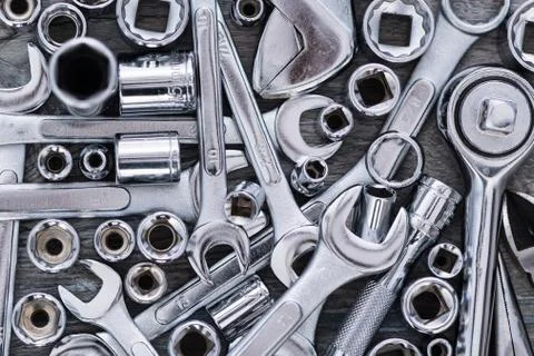 Hardware Tools, adjustable wrench, socket wrench, Sockets on wood background, Stock Photos