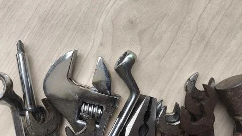 Hardware tools composition on timber background with space. Best for brandi.. Stock Photos