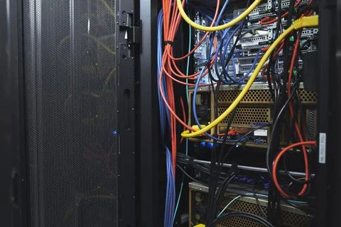 Hardware, wiring and computing equipment in server room for database storag.. Fotos Stock