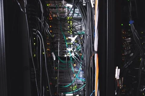 Hardware, wiring or computing equipment in server room for database storage.. Fotos Stock