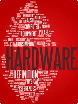 Hardware word cloud illustration. Graphic tag collection Illustrazione stock