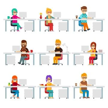Hardworking creative people work in the office with computers vector flat design Illustrazione stock