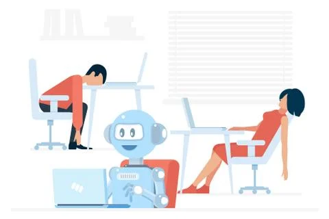 Hardworking positive android using laptop near exhausted man and woman in office 스톡 일러스트