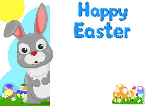 Hare against with Easter eggs peeks out from behind a white shield. Place for Stock Illustration