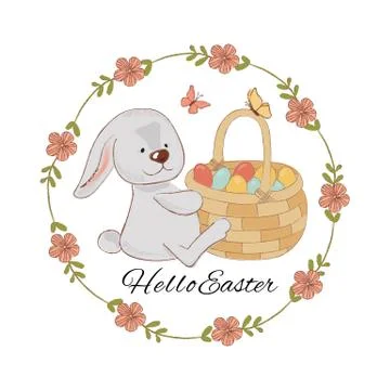 HARE AND BASKET Easter Animal Holiday Vector Illustration Set Stock Illustration