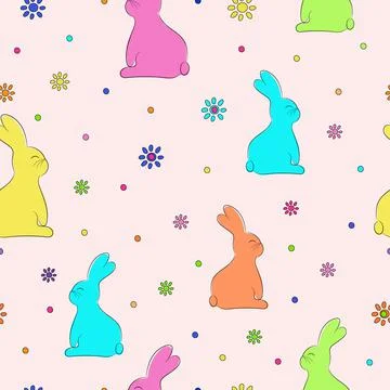 Hare and flowers seamless pattern. Rabbit and Polka Dots. Stock Illustration