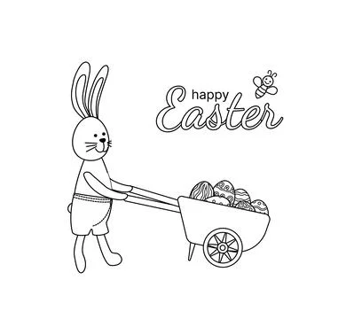 Hare and wheelbarrow with Easter eggs. Coloring page. Black and white rabbit Stock Illustration