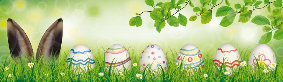 Hare Colored Nature Easter Eggs Grass Beech Twigs Header Stock Illustration