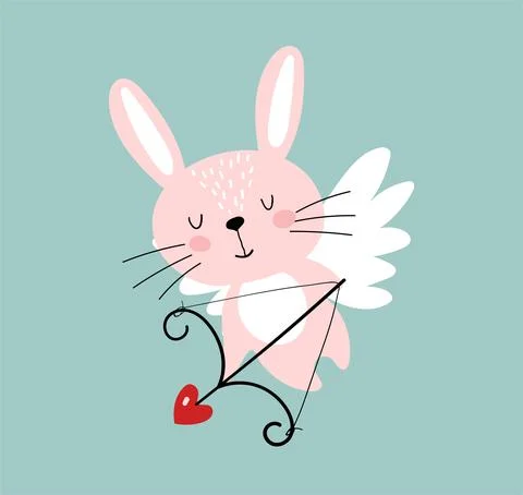 Hare cupid, cute rabbit with wings and an arrow with a heart. Romantic flat i Stock Illustration