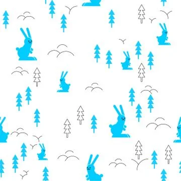 Hare in forest pattern seamless.rabbit and wood background. Baby fabric textu Stock Illustration