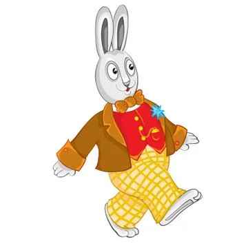 Hare gentleman dressed in checkered pants, red vest, isolated object on a whi Stock Illustration