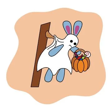 A hare in a ghost costume caught on a branch of a tree. Vector illustration. Stock Illustration