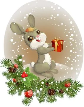 Hare with a gift box in hand and Christmas tree Stock Illustration