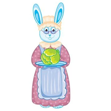 Hare granny in a cap and apron holds a tray with a head of cabbage in his han Ilustración de archivo