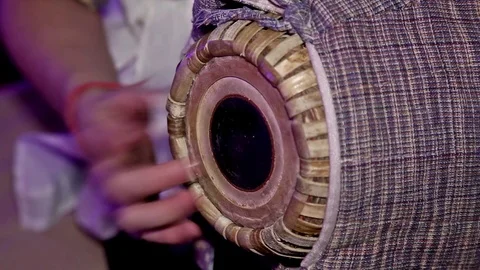 Hare Krishna Man Playing Traditional Indian Instrument Mridanga Close-up. Stock Footage 103985288