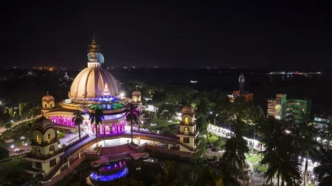 Hare Krishna temple in Mayapur, Bengal, night 4k time-lapse, Srila Prabhupada sa Stock Footage 80968884