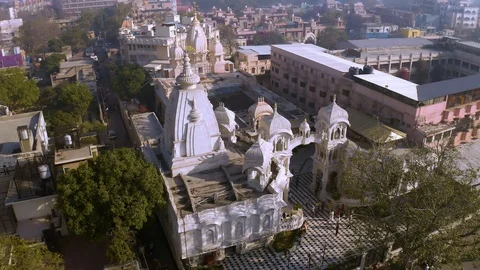 Hare Krishna temple in Vrindavan, India 4k aerial drone Stock Footage 109395649