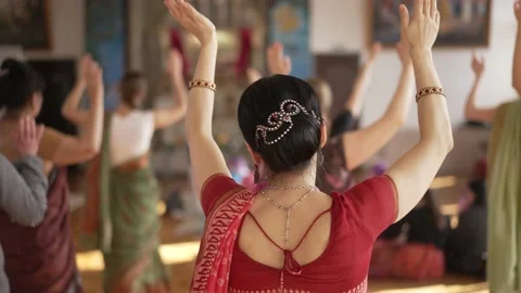 Hare Krishna women dancing at the temple Stock Footage 150896002
