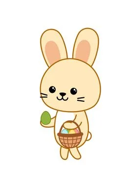 Hare is looking for Easter eggs and put in basket. Cartoon, vector Stock Illustration