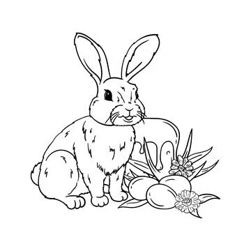 A hare near an Easter cake and eggs in flowers Stock Illustration