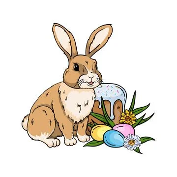 A hare near an Easter cake and eggs in flowers Stock Illustration