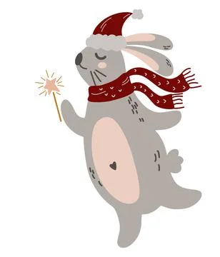 Hare in New Year's clothes. Hat and scarf. Cute winter rabbit in cozy clothes Stock Illustration