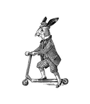 Hare or rabbit rides a scooter. Antique gentleman in a cap and coat. Victorian Stock Illustration
