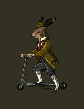 Hare or rabbit rides a scooter. Antique gentleman in a cap and coat. Victorian Illustrazione stock