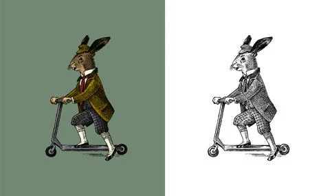 Hare or rabbit rides a scooter. Antique gentleman in a cap and coat. Victorian Illustrazione stock