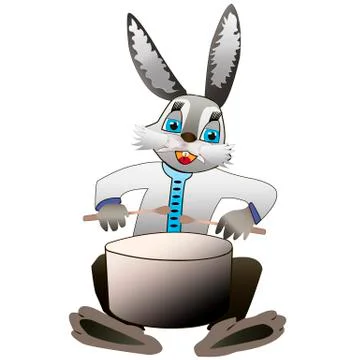 Hare playing the drum on a white background Stock Illustration