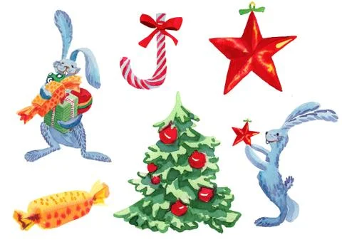 Hare rabbit decorates a Christmas tree. Collection of elements Stock Illustration