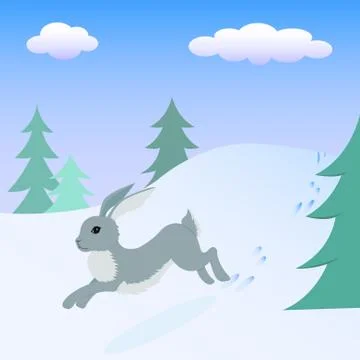 Hare running in the winter forest. Illustrazione stock