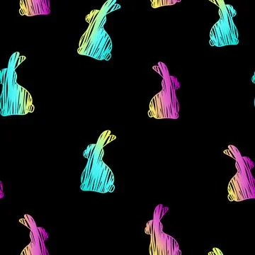 Hare seamless pattern. Multicolored gradient rabbit on a black background. Stock Illustration