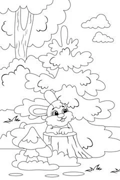 Hare sits on tree stump. Against background of forest. Vector illustration Stock Illustration