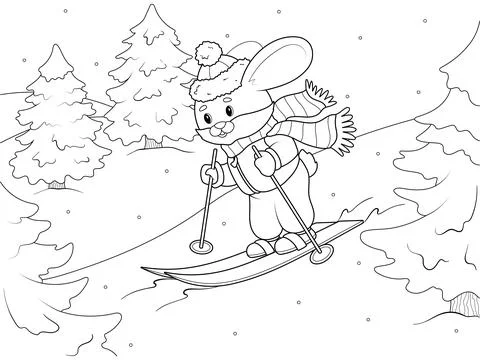 A hare skiing down the mountain. Winter season, ski resort. Coloring book, white Stock Illustration