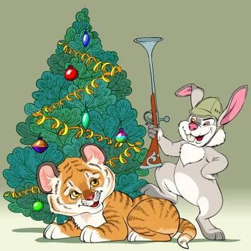 Hare as tiger hunter Stock Illustration
