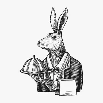 Hare waiter with a dish. Rabbit flunky or garcon. Fashion animal character. Hand Stock Illustration
